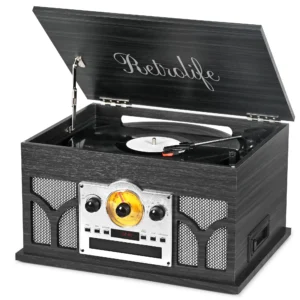 The 10-in-1 Record Player with Built-in Speakers Wireless Playback, CD & Cassette Player, USB Player, AM/FM Radio, 3 Speeds Turntable Vinyl Record Player, Black