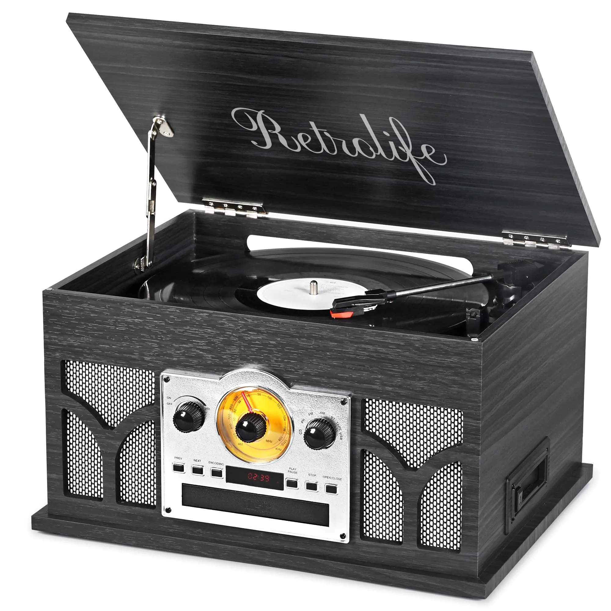 The 10-in-1 Record Player with Built-in Speakers Wireless Playback, CD & Cassette Player, USB Player, AM/FM Radio, 3 Speeds Turntable Vinyl Record Player, Black