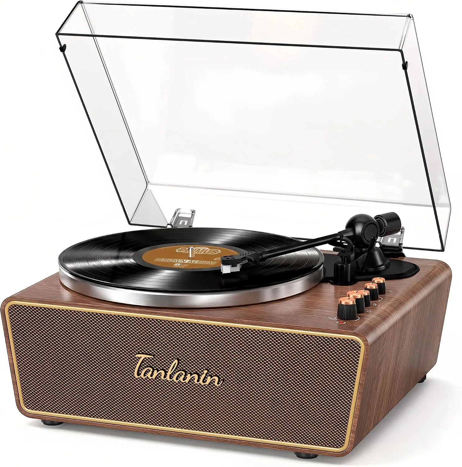 Turntable Record Player with Built-in 4 Speakers, AT-3600L Cartridge & Aluminum Platter, 2-Way Bluetooth in/Out, Vinyl to PC Recording, Pitch Control, Phono Preamp, Belt-Drive Vinyl Player, Walnut