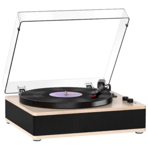 Vinyl Record Player Bluetooth Turntable 3-Speed Full-Size Platter | Built-in Speakers, with Bluetooth Receiver, Counterweight & Auto-Stop, RCA Out/Aux, Ivory Belt Drive LP Player