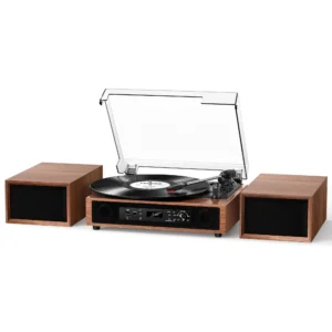 Vinyl Record Player with 6 Speakers, 4 Built-in & 2 External, HiFi Sound | Bluetooth 3-speed belt-drive turntable with 6 speakers, USB/SD recording, RCA/AUX input, headphone jack, walnut Wood.
