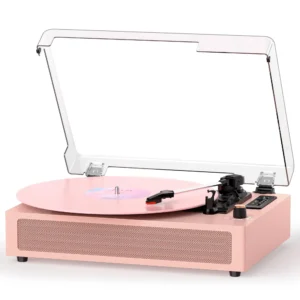 VINYLSLINK Bluetooth Record Player with Built-in Speakers, USB Recording | Pink Vinyl Player, 3-Speed Turntable, 3-Size Playback, Auto Stop, EQ Modes, LED Display, AUX In, RCA Out, Headphone Jack