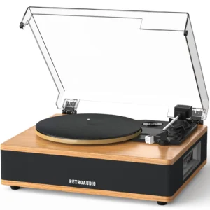 RetroAudio Vinyl Record Player with Speakers, Bluetooth in/Out, 3-Speed | Built-in stereo speakers, AT-3600L magnetic cartridge, RCA output, and auto stop deliver versatile vinyl listening at home