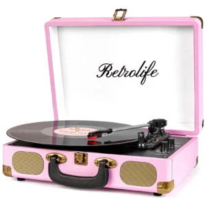 Retrolife® Record Player,3-Speed Bluetooth Suitcase Vinyl Player-White | Built-in Stereo Speakers, Portable Turntable Plays 7/10/12" Records, 33/45/78 RPM, Bluetooth Streaming, RCA/Headphone Jack