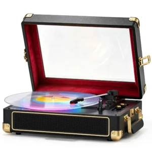 TANLANIN RGB Vinyl Record Player with Speakers, Clear Viewing Window, Black | Portable Bluetooth suitcase turntable with tone control & 3-speed playback, designed for stylish home decor and music gifting