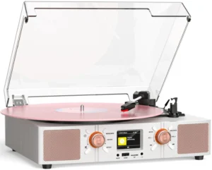 Vinyl Record Player 3-Speed Turntable with Color Display, White Rose Gold | Color LCD Clock Display, Bluetooth & USB, Belt-Drive, Built-in Speakers, Music Center