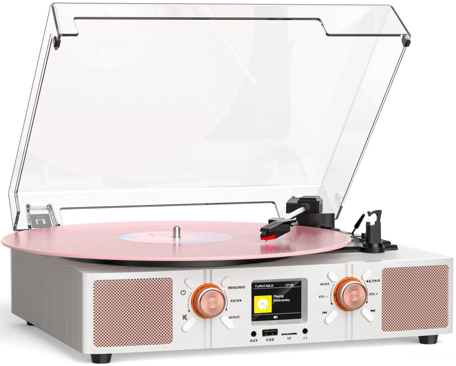 Vinyl Record Player 3-Speed Turntable with Color Display, White Rose Gold | Color LCD Clock Display, Bluetooth & USB, Belt-Drive, Built-in Speakers, Music Center