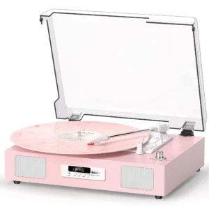 Vinyl Record Player Turntable with Stereo Speakers USB Recording, Pink | Built-in Speakers, Belt Drive Turntable, RCA Line-out AUX-in, Auto Stop, Digital Display, Vintage Style for Girls Women Gifts