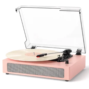 Vinyl Record Player Vintage 3-Speed Bluetooth Turntable with Belt-Drive | Built-in Stereo Speakers, RCA Output, AUX in, Auto Stop,Oak LP Player