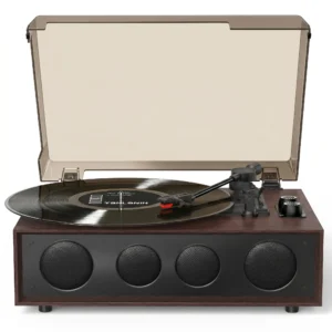 Vinyl Record Player with 4 Built-in Speakers, Bluetooth, 3-Speed, Brown | 4 Built-in Speakers, Bluetooth Input, 3-Speed Auto-Stop, Ruby Stylus, AUX/RCA & Headphone Jack for Flexible Home Listening.