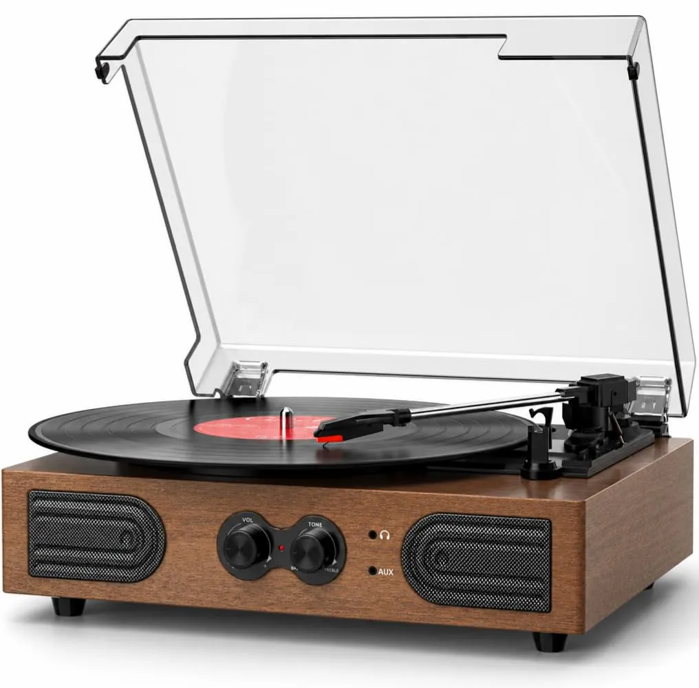 Vinyl Record Player with Speakers, Bass Control, 3-Speed Turntable | Vinyl Record Player with Speakers, Bass Control, 3-Speed Turntable