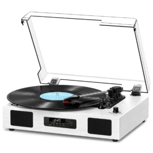 Vinyl Record Player with USB Recording, Speakers and Bluetooth, White Wood | TF Card & Digital Display, 3-Speed Belt-Drive Turntable,RCA Output,Built-in Stereo Speakers, Auto Stop for 7/10/12 Vinyl