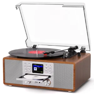 DANFI Audio 10-in-1 Record Player with Color Display, WiFi Radio, Bluetooth | Mulipurpose Music Center, Vinyl Recording, RCA Output & MP3 Recording, Color Display, Internet Radio, Mid-Century Wood Design