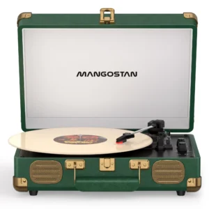 MANGOSTAN Dark Green Bluetooth Suitcase Record Player, 3-Speed Turntable | Premium PU leather design with 3-speed playback, Bluetooth, stereo speakers, and support for 33/45/78 RPM records.