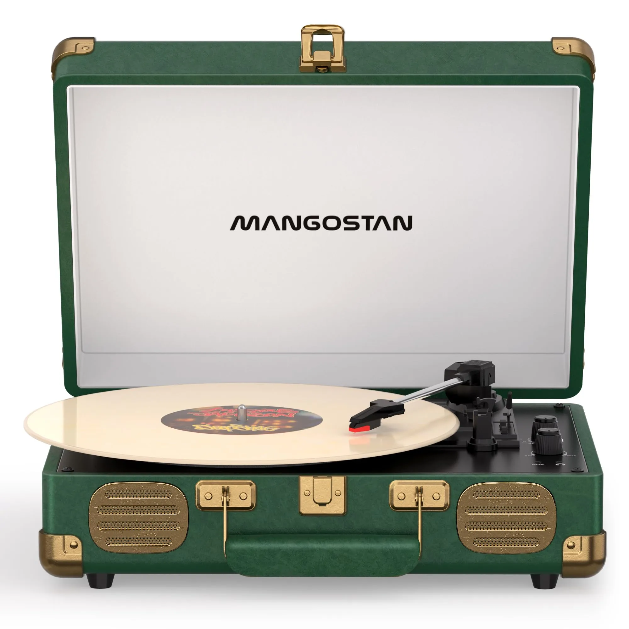 MANGOSTAN Dark Green Bluetooth Suitcase Record Player, 3-Speed Turntable | Premium PU leather design with 3-speed playback, Bluetooth, stereo speakers, and support for 33/45/78 RPM records.