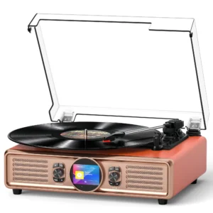 MANGOSTAN Orange Wood Bluetooth Record Player, 3-Speed Turntable | Orange wood design with Bluetooth, 3-speed playback, Color Display, USB playback, PC recording, clock and stereo speakers.