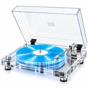 MIAWLY Vinyl Record Player,Bluetooth Turntable with 7-Color LED, | Belt-Drive Record Player with Acrylic Platter,Carbon Fiber Tonearm,Phono Preamp, RCA and Optical Output, 33/45 RPM Playback