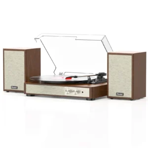 MONODEAL Vinyl Record Player HiFi System with 24 W Bookshelf Speakers | 3.5 inch woofer and 1.5 inch tweeter 3-speed belt drive anti-shock design Bluetooth 5.3 and RCA output