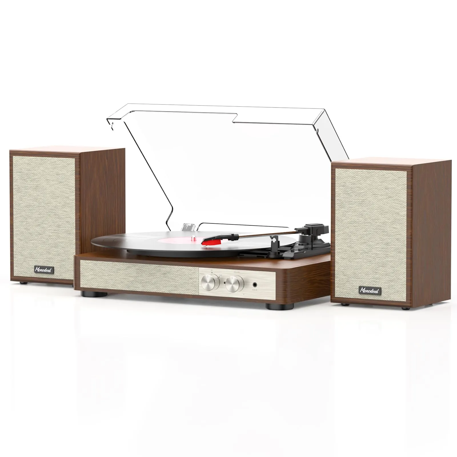 MONODEAL Vinyl Record Player HiFi System with 24 W Bookshelf Speakers | 3.5 inch woofer and 1.5 inch tweeter 3-speed belt drive anti-shock design Bluetooth 5.3 and RCA output