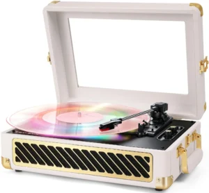 RGB Vinyl Record Player Suitcase Turntable, Clear Viewing Window & Lighting | Built-in Speakers, 3-Speed Belt-Drive, Wireless Bluetooth Input, Tone Control, AUX & RCA Output, White Gold Finish