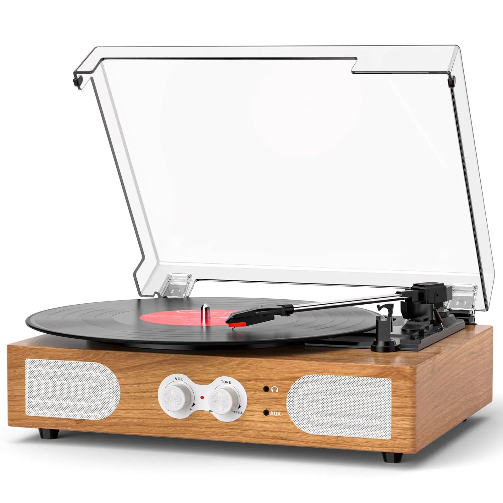 Vinyl Record Player 3 Speeds Turntable with Speakers, Bass Control, Walnut | Upgraded Built-in Speakers, Vintage Belt Drive Turntable, Treble & Bass Control, RCA-Out/AUX-in, Headphone Jack, Auto-Stop