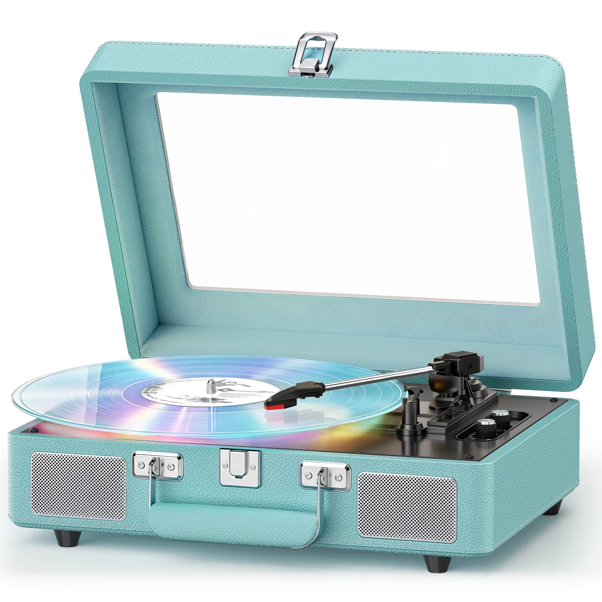 Vinyl Record Player Bluetooth Turntable with Built-in Speakers Blue LP Player| Blruetooth Receiver, Bass & Treble,Turntable Light, RCA Output, AUX in,Headphone Jack, Auto Stop Clear Dust Cover