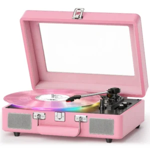 Vinyl Record Player Bluetooth Turntable with Built-in Speakers| Bluetooth Input, Bass & Treble, Light, Belt-Drive, RCA Output, AUX in, Headphone Jack, Auto Stop,Clear Dust Cover, Green LP Player