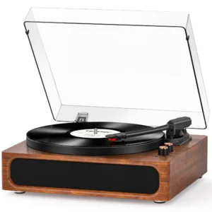 Vinyl Record Player with 12" Big Turntable, Steadier 3-Speed, Counterweight | Built-in Upgraded Speakers, Adjustable Counterweight, RCA Line-out, Auto-Stop, Vintage Mid-Century Style, Bluetooth Input