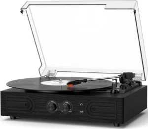 Vinyl Record Player with Built-in Speakers, 3-Speed Belt Driven Turntable for Records, Black Wood Grain Phonograph with Bluetooth, Bass Treble Control, RCA, AUX & Dust Cover (TE-2030)