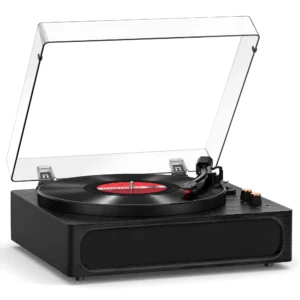 Vinyl Record Player with Built-in Speakers, 3-Speed Turntable, Red Wood | 12-Inch Full-Size Platter, Adjustable Counterweight, Bluetooth and Passive Radiator for Steadier Vinyl Records Playback