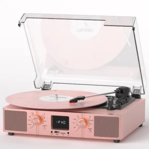 VINYLSLINK Vinyl Record Player with Speakers, Pink Bluetooth Turntable | 3-Speed Turntable with LED Display, USB Recording, FM Radio, AUX, RCA Output, Headphone Jack, Auto Stop, Gift Ready