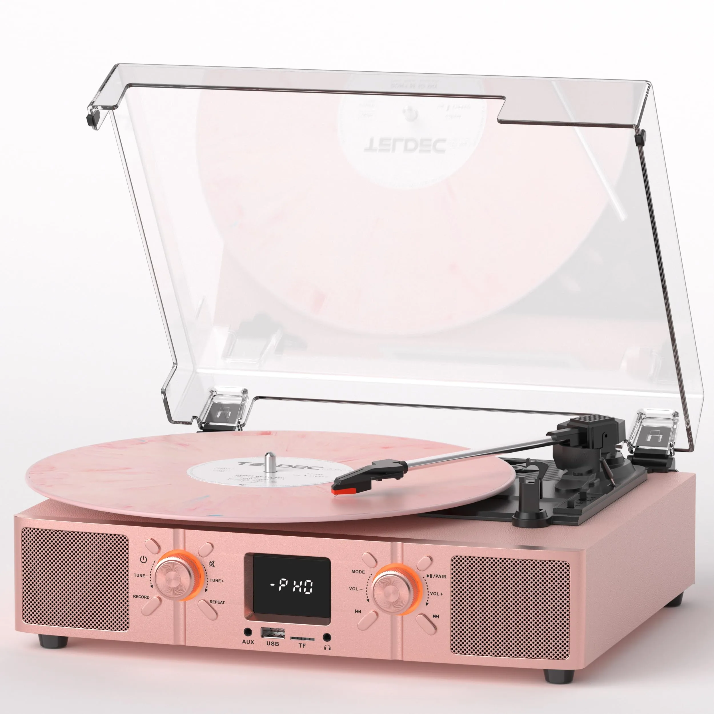 VINYLSLINK Vinyl Record Player with Speakers, Pink Bluetooth Turntable | 3-Speed Turntable with LED Display, USB Recording, FM Radio, AUX, RCA Output, Headphone Jack, Auto Stop, Gift Ready